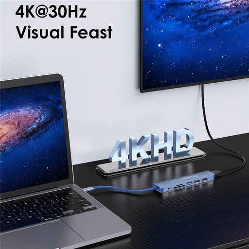 LENTION CE18HCR Cloud Ala Series Portable USB Hub Adapter Type-C Docking Station with USB+HD 4K / 30Hz+SD / TF+PD 100W - Blue - 2