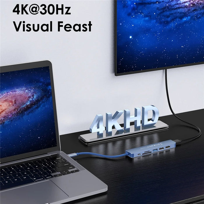 LENTION CE18HCR Cloud Ala Series Portable USB Hub Adapter Type-C Docking Station with USB+HD 4K / 30Hz+SD / TF+PD 100W - Blue - 2