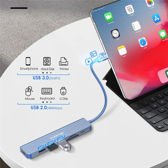 LENTION CE18HCR Cloud Ala Series Portable USB Hub Adapter Type-C Docking Station with USB+HD 4K / 30Hz+SD / TF+PD 100W - Blue - 4