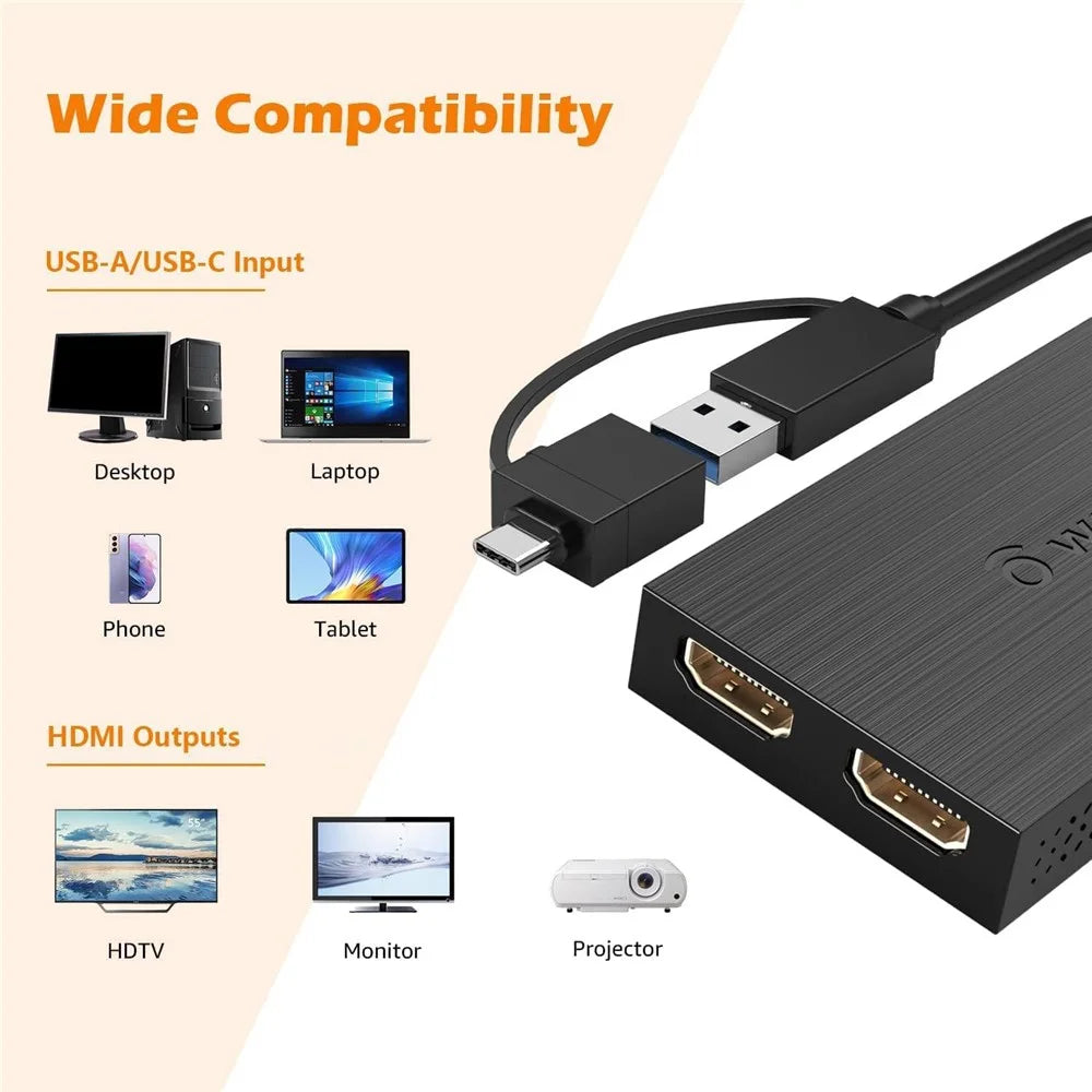 WAVLINK UG7602HC Portable USB3.0 / USB-C to Dual HD Display Adapter 4K Expansion Graphics Card Sync Screen Expander - 5