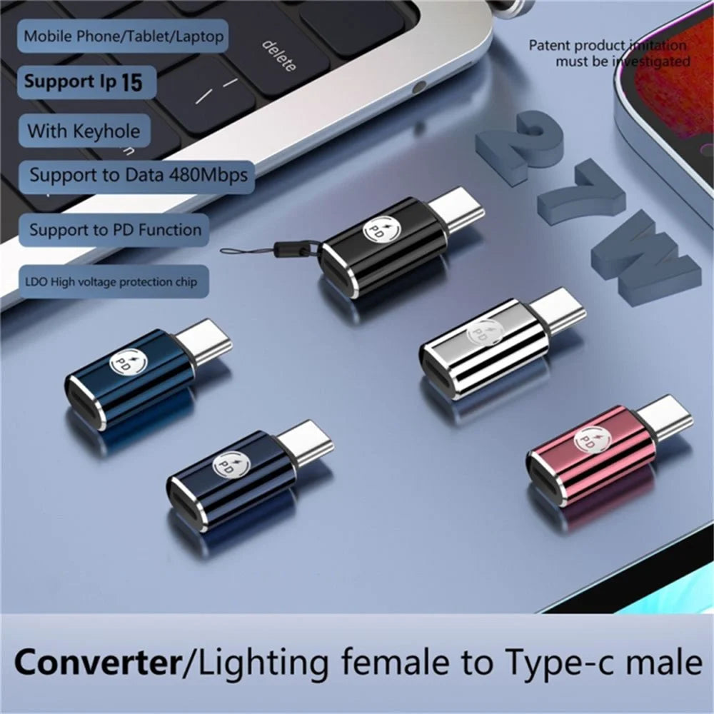 PD 27W Type-C Male to iP 8-Pin Female Fast Data Transmission Adapter for Iphone, Ipad, MacBook - Black - 2