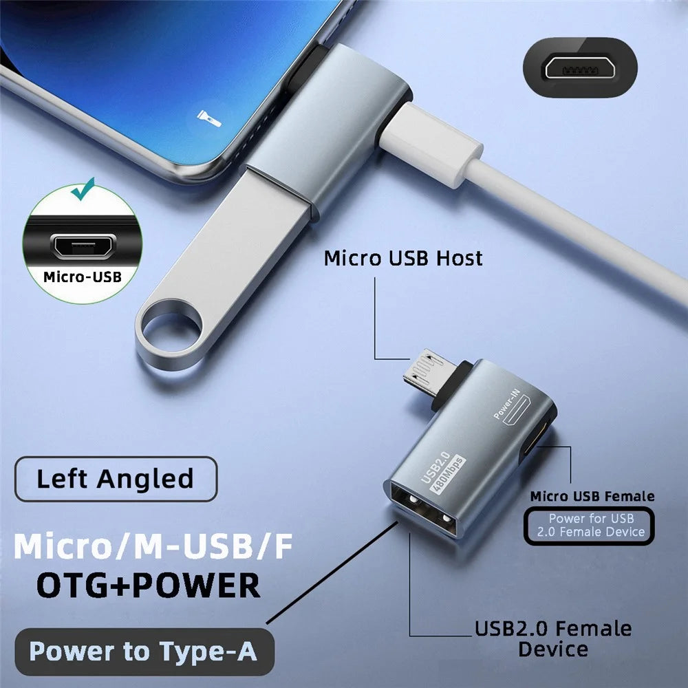 U2-009-LE 90 Degree Left Angled Micro USB 2.0 to Type-A Female OTG Adapter with USB Power for Phone Tablet - 4