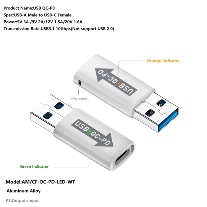 AM / CF-OC-PD USB-A QC3.1 to Type-C PD Converter LED Indicator 10Gbps USB Adapter - Blue - 5