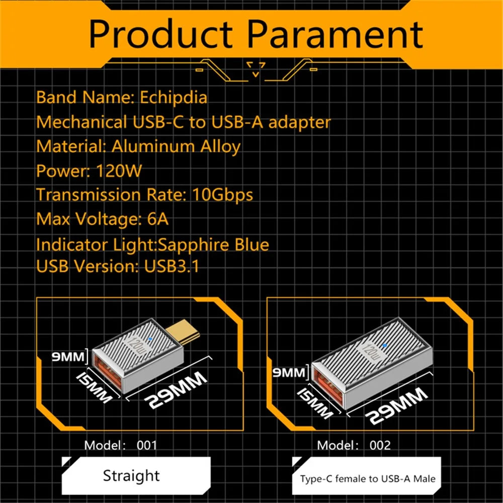 120W 10Gbps Mini Converter USB-A 3.1 Female to Type-C Male Straight OTG Adapter - Silver - 6