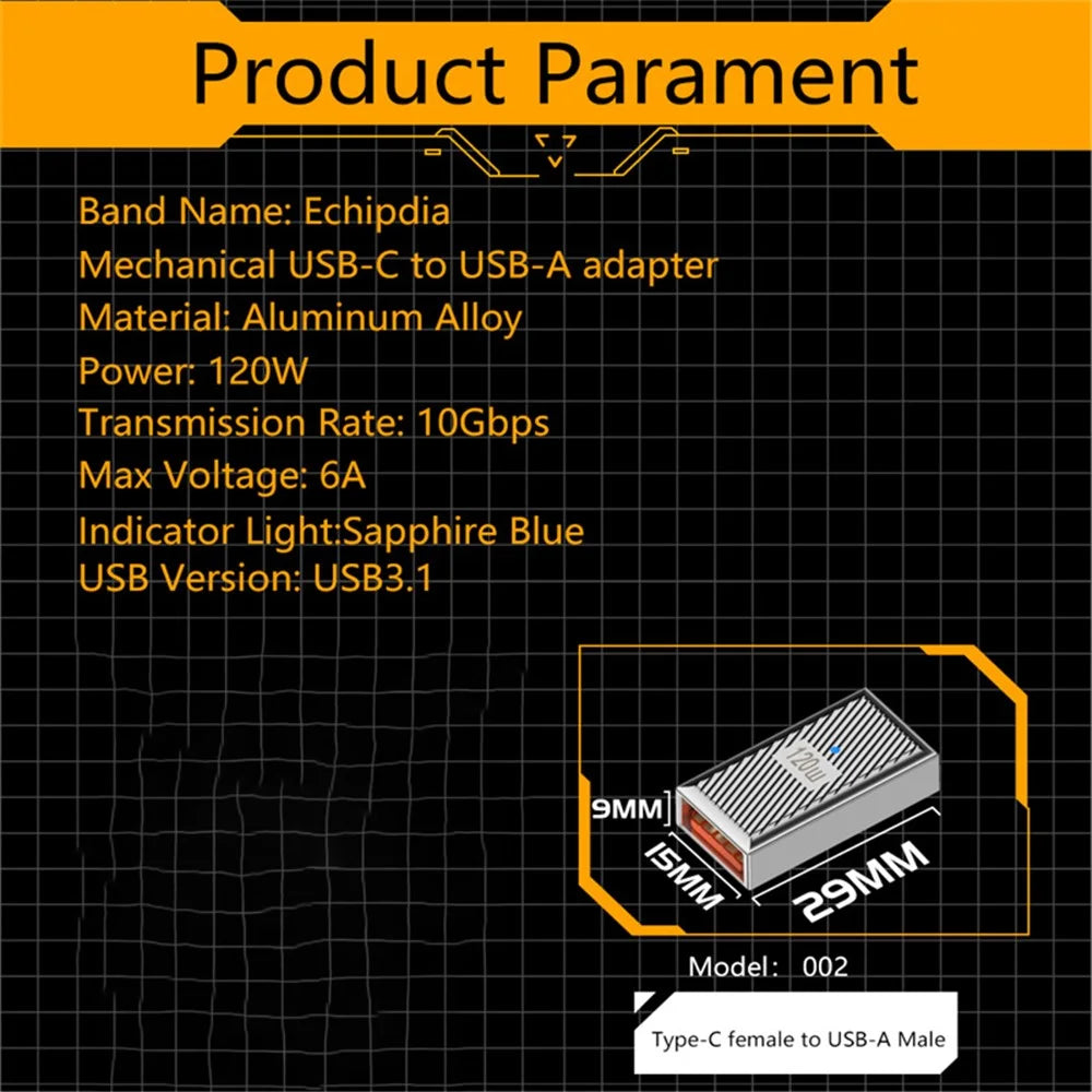 10Gbps Data Transfer USB-A 3.1 Female to Type-C Female 120W OTG Adapter - Silver - 6