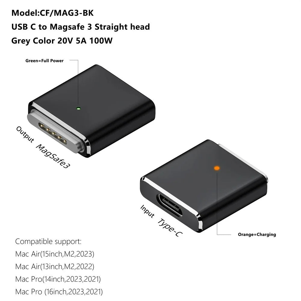 Compatible with MagSafe 3 USB-C Female to Magnetic PD 100W Charging Adapter for MacBook - Dark Grey - 6