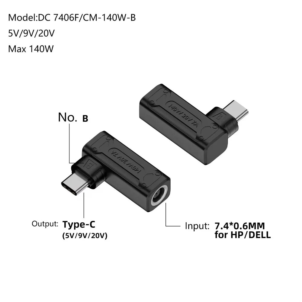 7.4x0.6mm DC Female to Type-C Male 5V / 9V / 20V 140W Power Adapter Charging Converter - 2