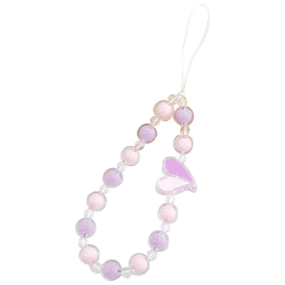 Heart Decor Round Beads Phone Anti-drop Lanyard Hand Chain Cellphone Case Pendant Bracelet - Pink / Purple - 1