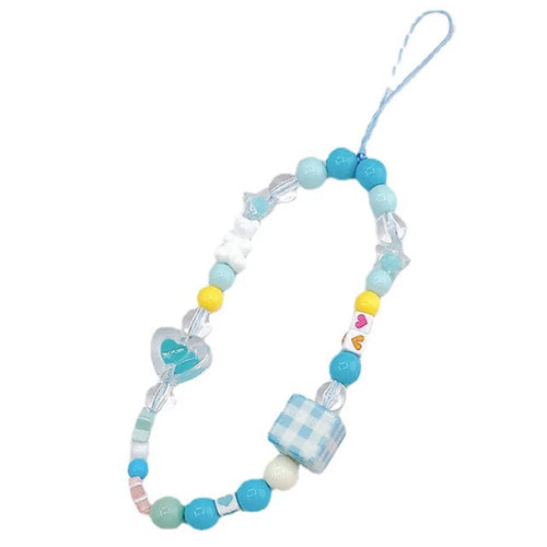 Cute Cartoon Design Beaded Phone Lanyard Bracelet Anti-drop Cellphone Case Pendant - Blue Plaid - 1