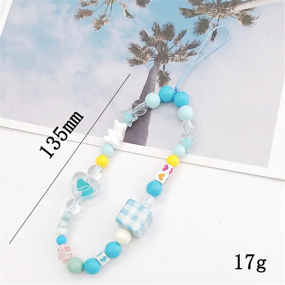 Cute Cartoon Design Beaded Phone Lanyard Bracelet Anti-drop Cellphone Case Pendant - Blue Plaid - 2