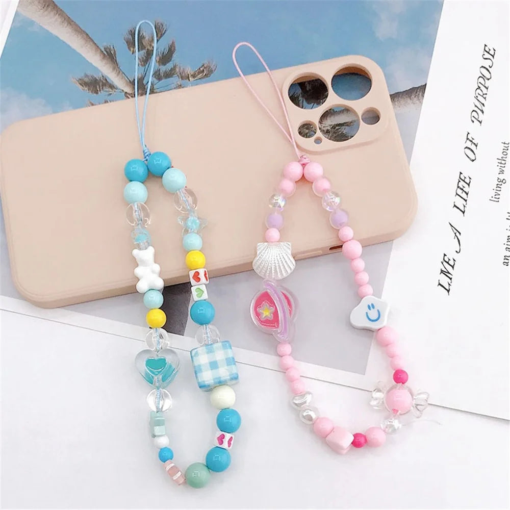 Cute Cartoon Design Beaded Phone Lanyard Bracelet Anti-drop Cellphone Case Pendant - Blue Plaid - 3
