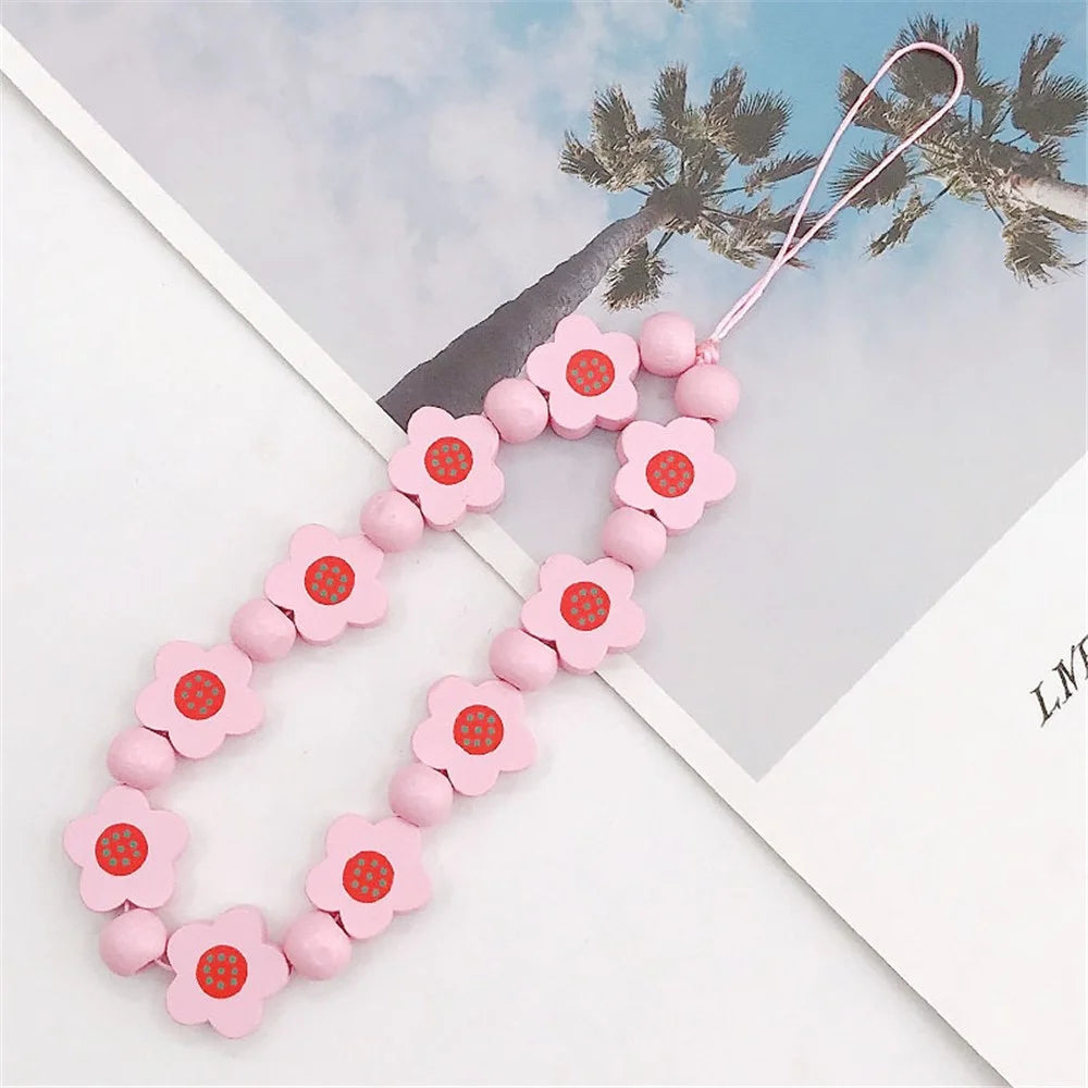 Flower Wood Beads Phone Chain Handwork Cellphone Case Pendant Wrist Strap - Pink - 2