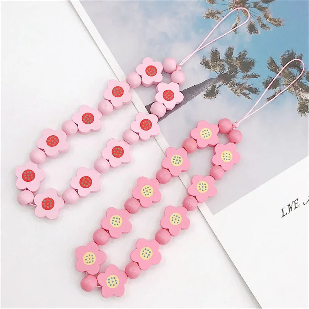 Flower Wood Beads Phone Chain Handwork Cellphone Case Pendant Wrist Strap - Pink - 3