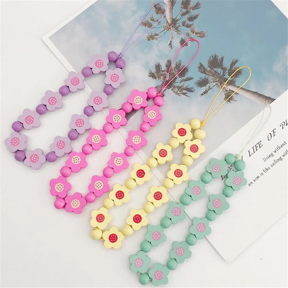 Flower Wood Beads Phone Chain Handwork Cellphone Case Pendant Wrist Strap - Pink - 4