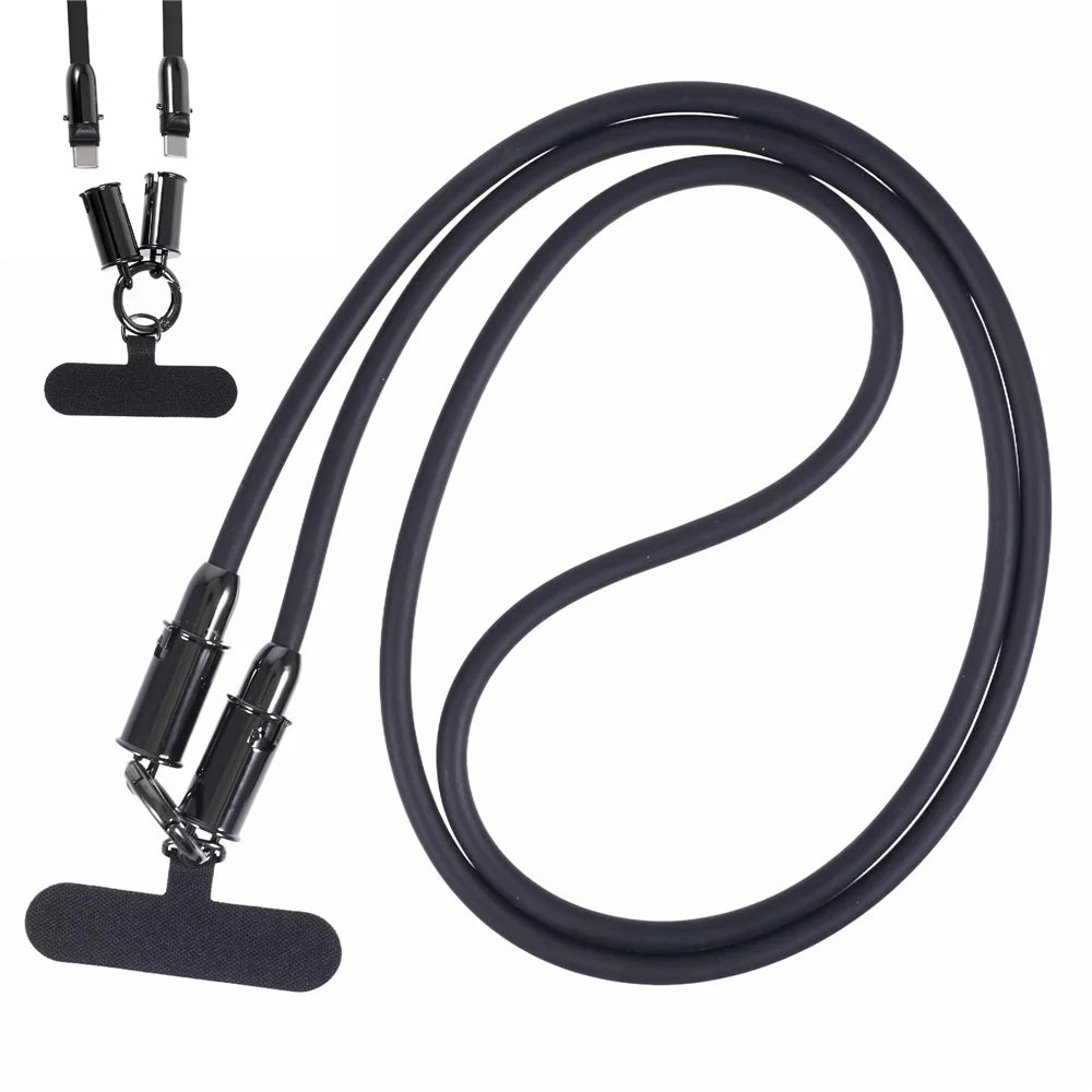 120cm 2 in 1 Silicone Phone Lanyard Crossbody Strap Type-C to Type-C 60W Phone Charging Cable - Black - 1