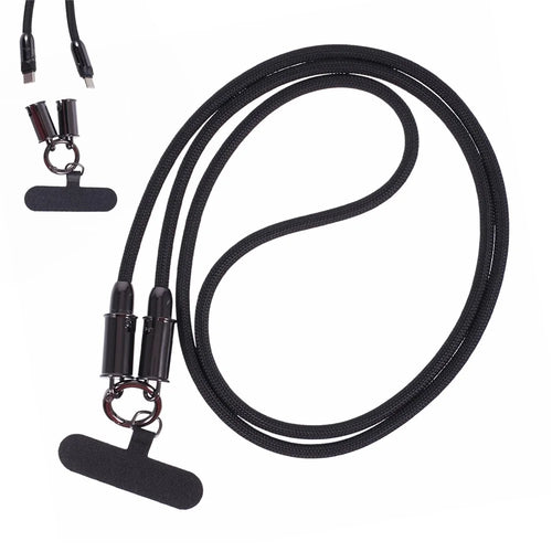 60W Type-C Cable Lanyard Multi-Functional 120cm Charging Cord Neck Cell Phone Strap - Black - 1