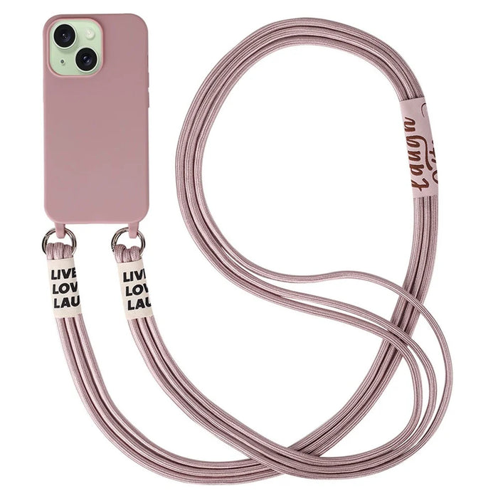 For iPhone 15 Case TPU Phone Cover with 3-Ropes Lanyard - Sand Pink - 1