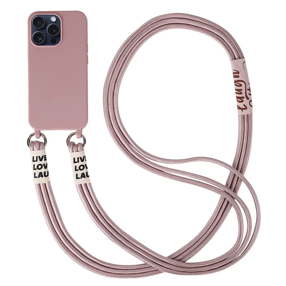 For iPhone 15 Pro Slim Case 3-Ropes Lanyard TPU Phone Cover - Sand Pink - 1