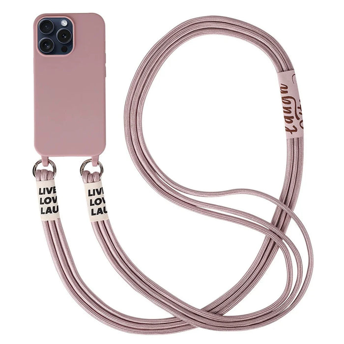 For iPhone 15 Pro Slim Case 3-Ropes Lanyard TPU Phone Cover - Sand Pink - 1