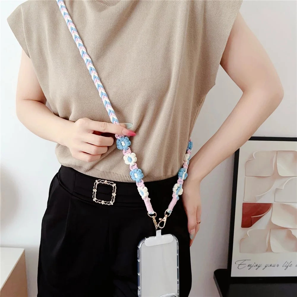 Braided Phone Lanyard Cotton Rope Daisy Flower Phone Crossbody Strap, Length: 120cm (Not Adjustable) - Style A - 2