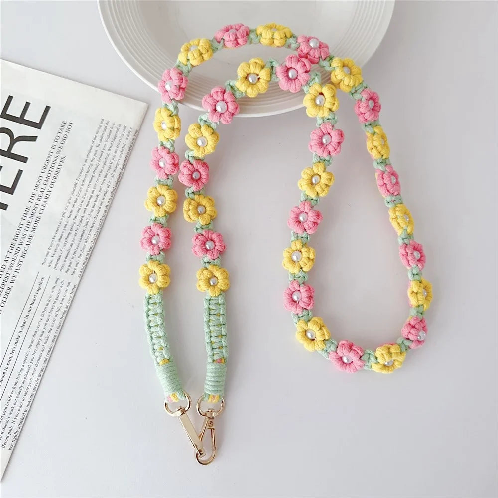Phone Lanyard Cotton Rope Braided Daisy Flower Crossbody Strap, Length: 120cm - Red+Yellow - 1