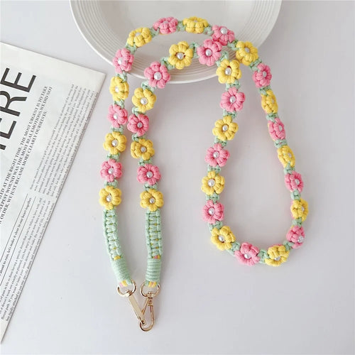 Phone Lanyard Cotton Rope Braided Daisy Flower Crossbody Strap, Length: 120cm - Red+Yellow - 1