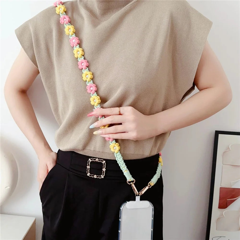 Phone Lanyard Cotton Rope Braided Daisy Flower Crossbody Strap, Length: 120cm - Red+Yellow - 2
