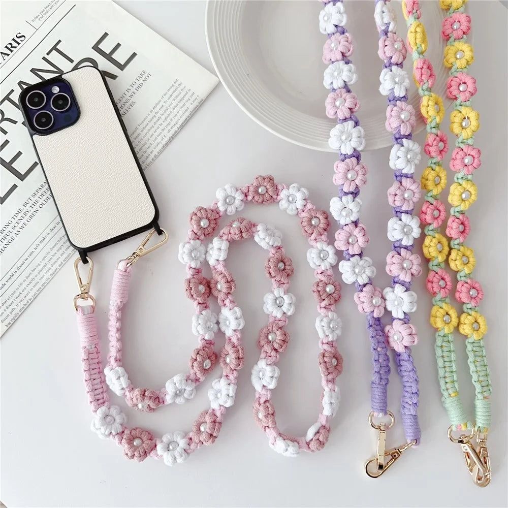 Phone Lanyard Cotton Rope Braided Daisy Flower Crossbody Strap, Length: 120cm - Red+Yellow - 5
