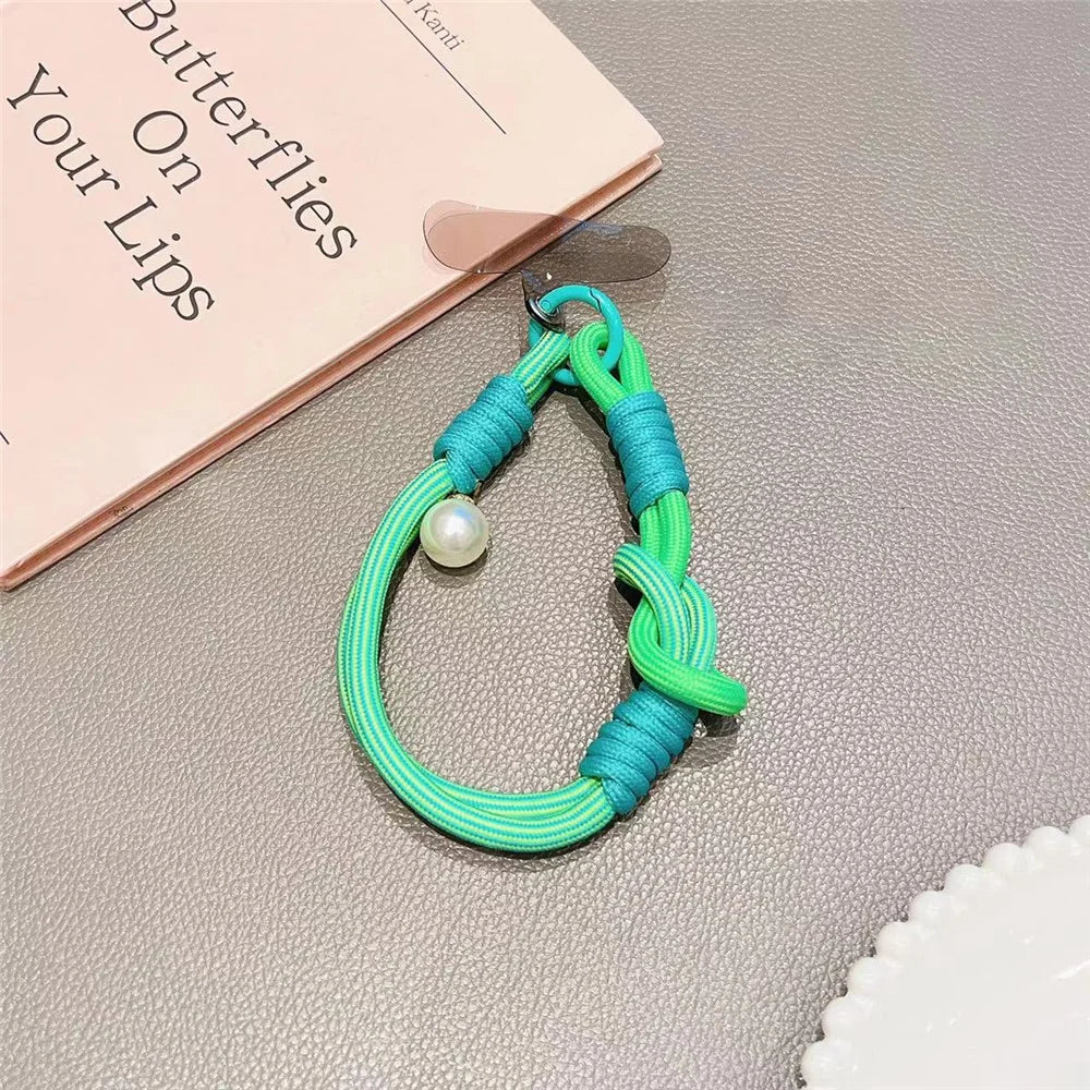 Phone Wrist Lanyard 30cm Nylon Wrist Strap Pearl Phone Charm with Tether Tab - Dark Green+Light Green - 1