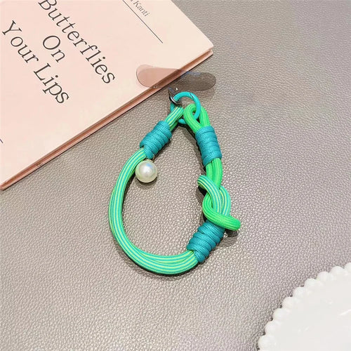 Phone Wrist Lanyard 30cm Nylon Wrist Strap Pearl Phone Charm with Tether Tab - Dark Green+Light Green - 1