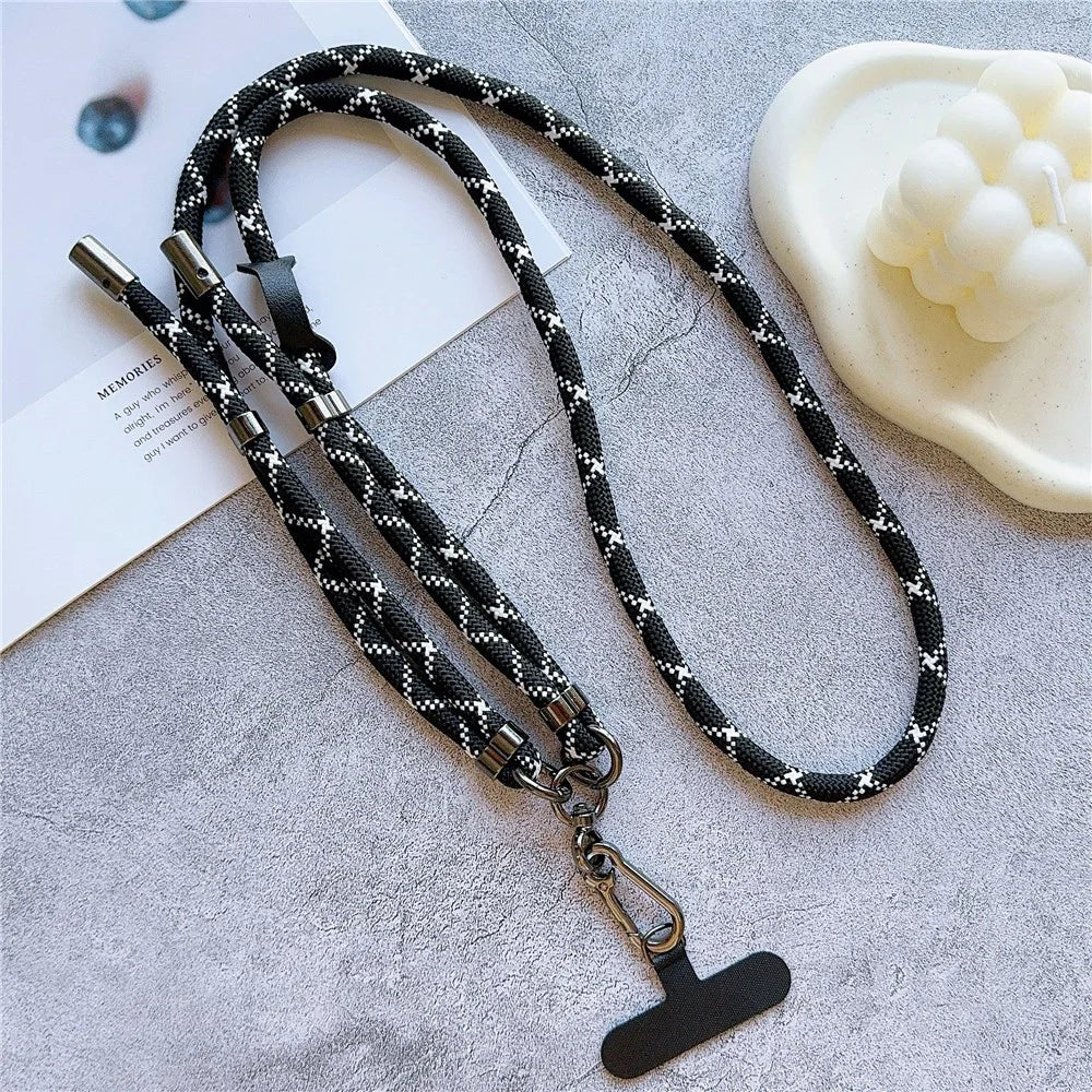 8mm Thick Adjustable Phone Lanyard Twill Pattern Neck Strap with Tether Tab, Total Length: 140cm - Black+White Strip - 1