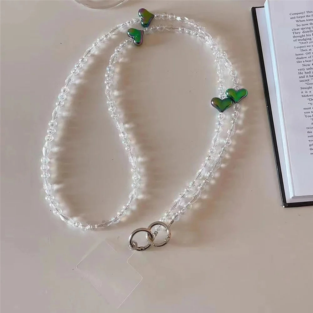 Phone Chain Crossbody Strap 120cm Heart Transparent Beaded Shoulder Lanyard with Tether Tab - Dark Green - 1