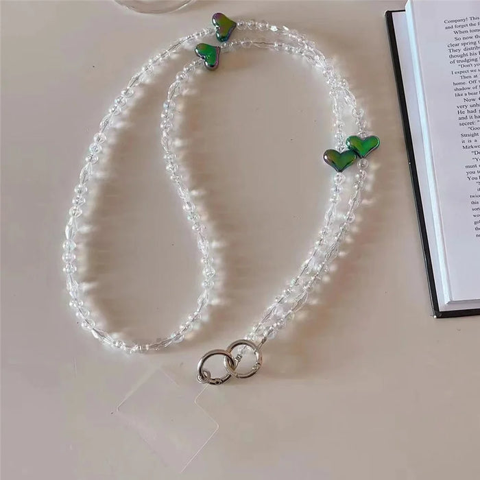 Phone Chain Crossbody Strap 120cm Heart Transparent Beaded Shoulder Lanyard with Tether Tab - Dark Green - 1
