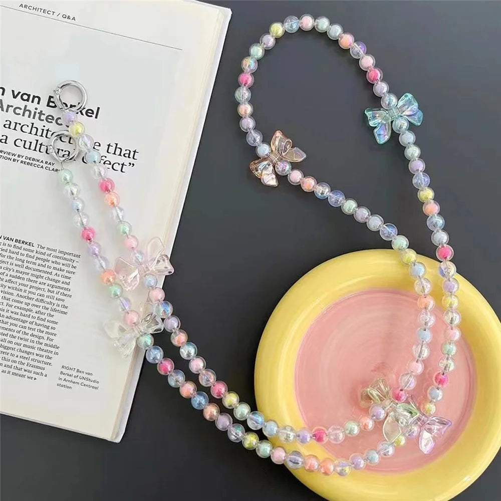 120cm Crossbody Beaded Strap Butterfly Decor Colorful Beads Phone Chain Lanyard with Tether Tab - 1