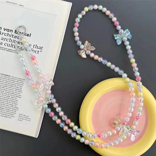 120cm Crossbody Beaded Strap Butterfly Decor Colorful Beads Phone Chain Lanyard with Tether Tab - 1