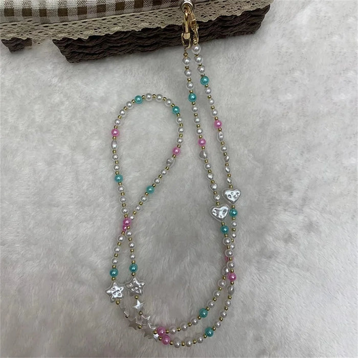 Phone Crossbody Beaded Strap 120cm Star Heart Decor Phone Chain Lanyard with Tether Tab - 2