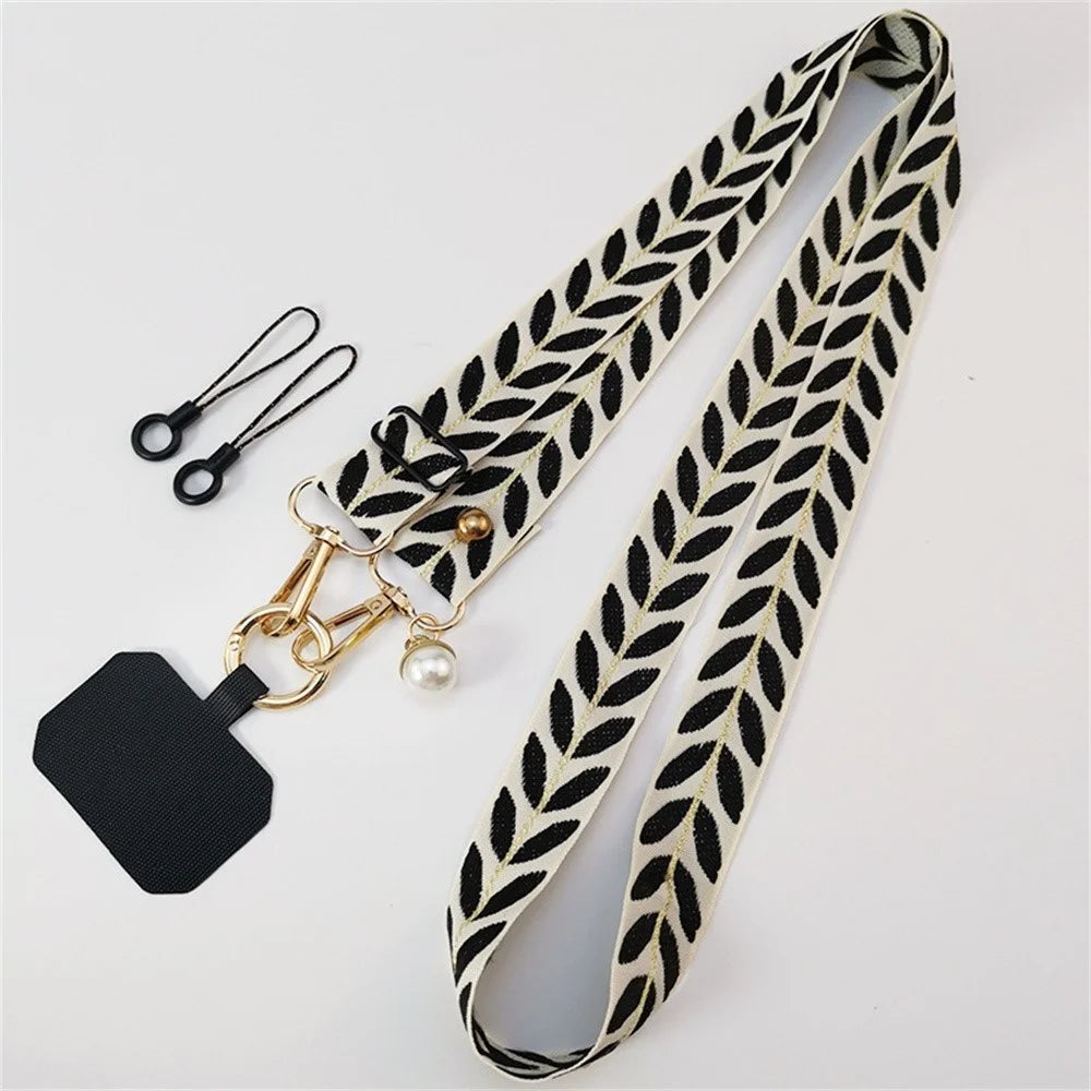Crossbody Phone Lanyard Adjustable Leaf Pattern Fabric Phone Strap with Tether Tab + Hanging Ropes, Folded Length: 64cm - Black - 1