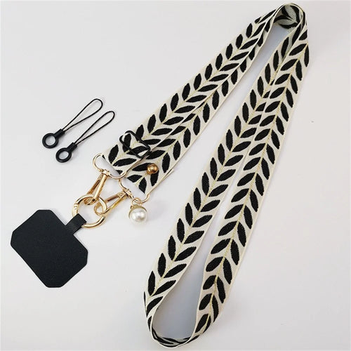 Crossbody Phone Lanyard Adjustable Leaf Pattern Fabric Phone Strap with Tether Tab + Hanging Ropes, Folded Length: 64cm - Black - 1