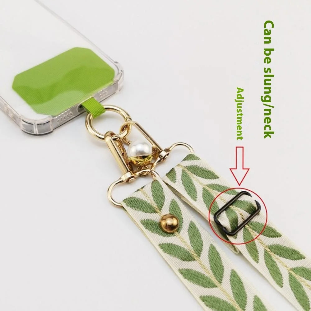 Crossbody Phone Lanyard Adjustable Leaf Pattern Fabric Phone Strap with Tether Tab + Hanging Ropes, Folded Length: 64cm - Black - 3