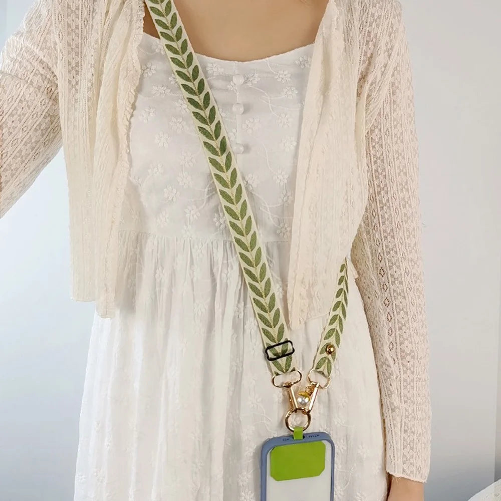 Crossbody Phone Lanyard Adjustable Leaf Pattern Fabric Phone Strap with Tether Tab + Hanging Ropes, Folded Length: 64cm - Black - 4