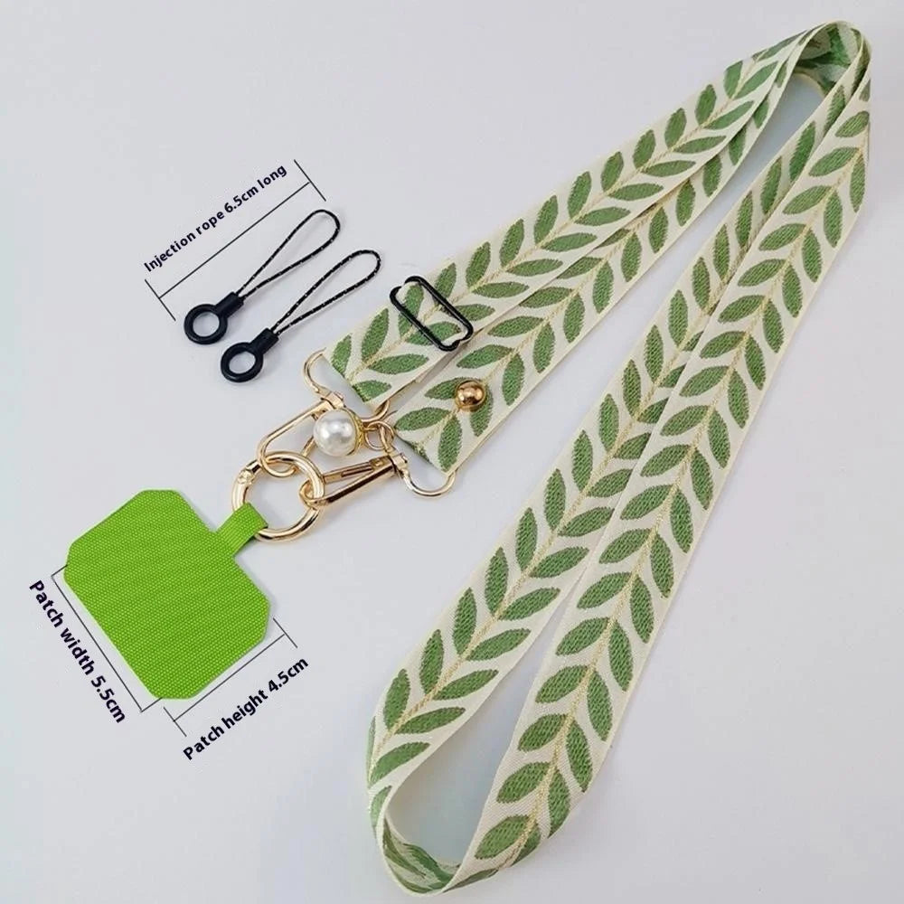 Crossbody Phone Lanyard Adjustable Leaf Pattern Fabric Phone Strap with Tether Tab + Hanging Ropes, Folded Length: 64cm - Black - 6