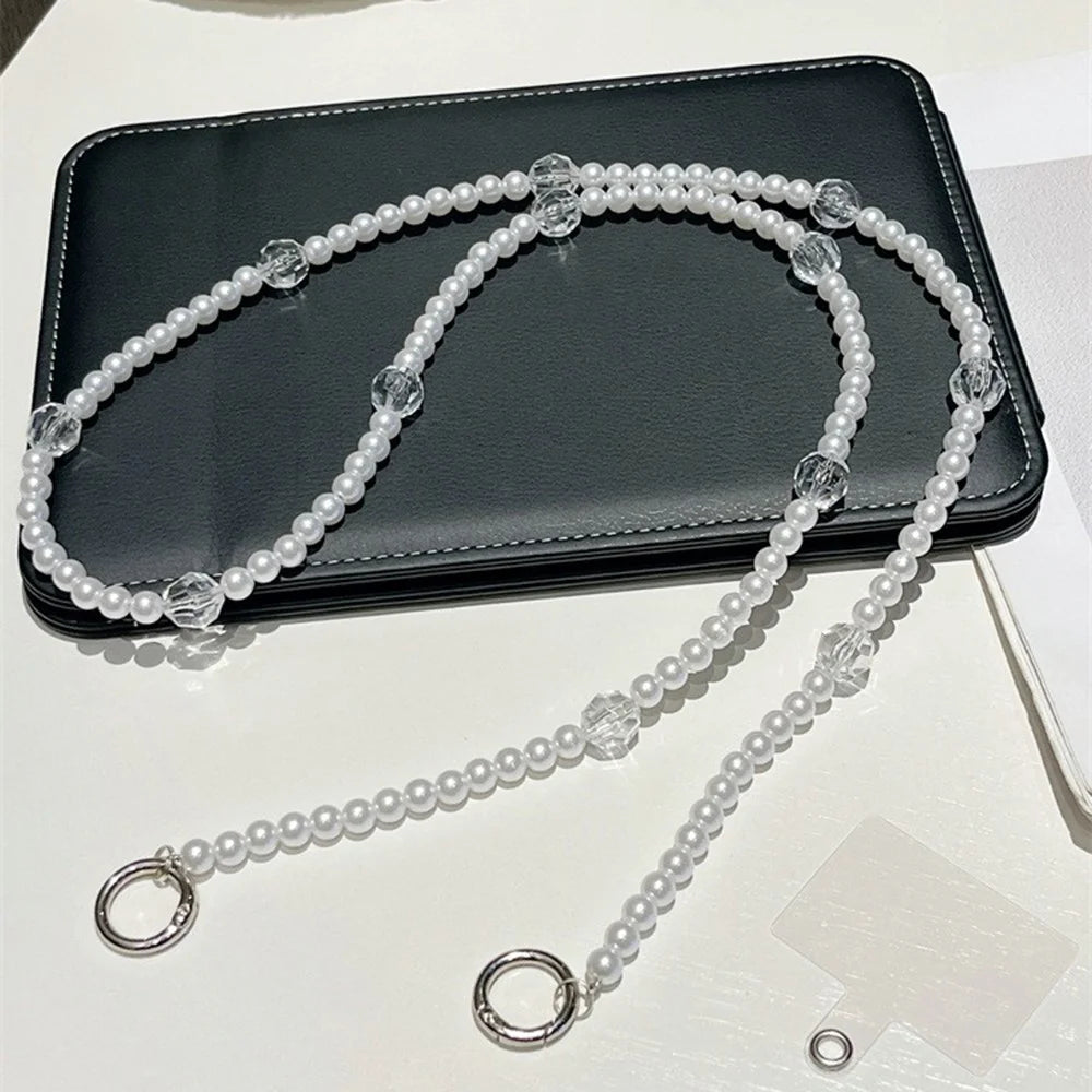Beaded Phone Lanyard Crossbody 1.2m Anti-Lost Phone Charm Chains with Tether Tab - Pearl - 1