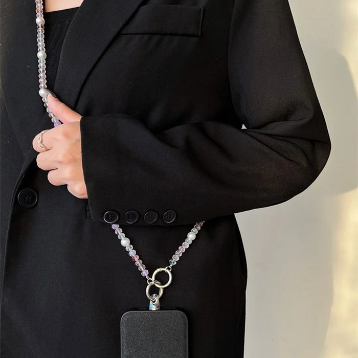 Beaded Chain Shoulder Crossbody Lanyard 1.2m Pearl Decor Neck Phone Charm with Tether Tab - 7