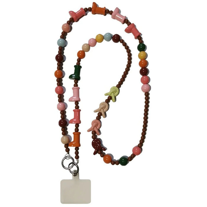 Phone Lanyard Crossbody Shoulder Neck Strap Boot-Shaped Bead Chain with Tether Tab, Folded Length: 63.5cm - Pink+Brown - 1