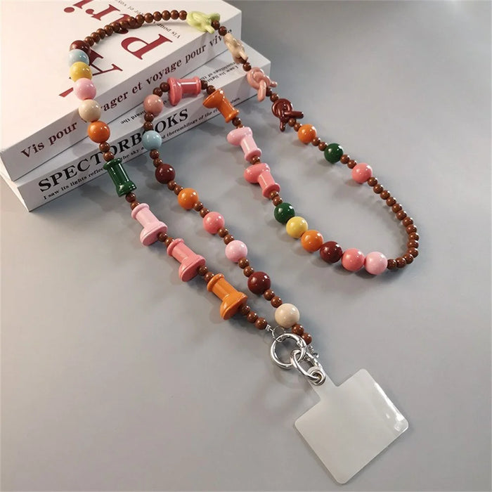 Phone Lanyard Crossbody Shoulder Neck Strap Boot-Shaped Bead Chain with Tether Tab, Folded Length: 63.5cm - Pink+Brown - 2