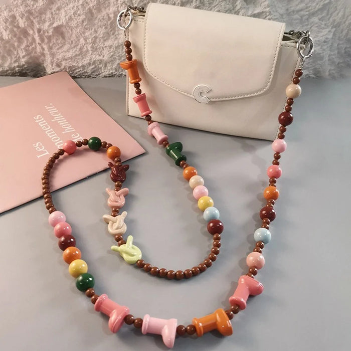 Phone Lanyard Crossbody Shoulder Neck Strap Boot-Shaped Bead Chain with Tether Tab, Folded Length: 63.5cm - Pink+Brown - 4
