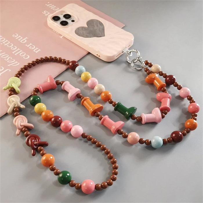 Phone Lanyard Crossbody Shoulder Neck Strap Boot-Shaped Bead Chain with Tether Tab, Folded Length: 63.5cm - Pink+Brown - 5