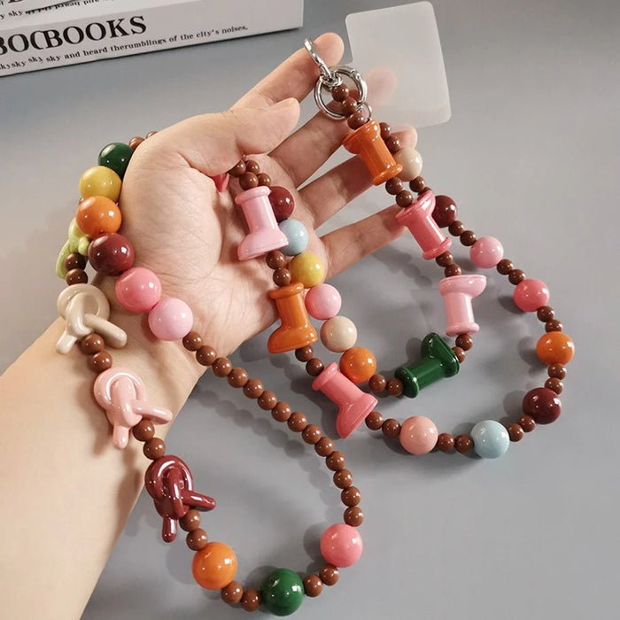 Phone Lanyard Crossbody Shoulder Neck Strap Boot-Shaped Bead Chain with Tether Tab, Folded Length: 63.5cm - Pink+Brown - 6