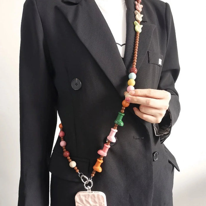 Phone Lanyard Crossbody Shoulder Neck Strap Boot-Shaped Bead Chain with Tether Tab, Folded Length: 63.5cm - Pink+Brown - 7