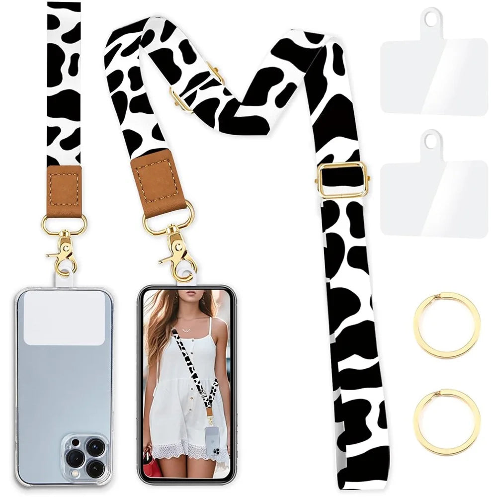 Adjustable Crossbody Phone Lanyard Key Badge Neck Strap Wrist Strap with 2 Tether Tabs + 2 Round Buckles - Cow - 1